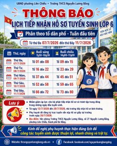 THÔNG BÁO Về việc phân lịch tiếp nhận hồ sơ tuyển sinh lớp 6 năm học 2026-2027 theo tổ dân phố trong tuần đầu tiên
